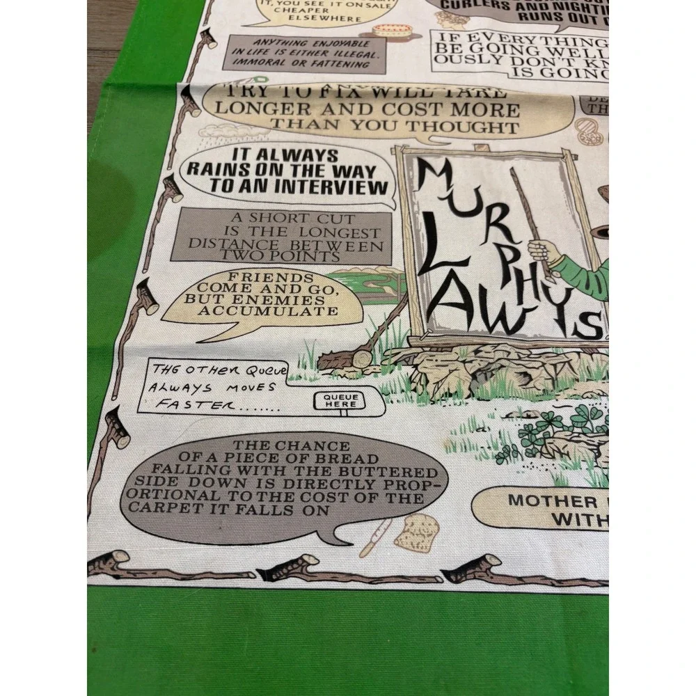 Vtg Murphy's Laws Irish Tea Towel Green Linen‎ Leprechaun Humorous Kitchen Decor